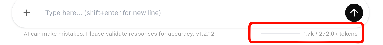 ThreoAI conversation showing the context window gas gauge at full capacity