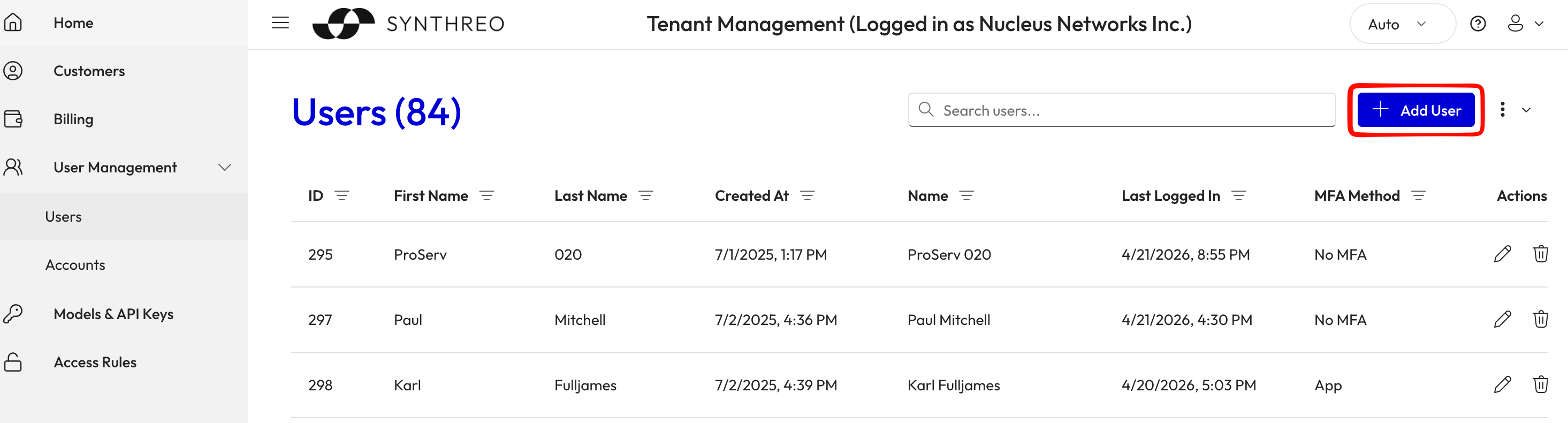 Tenant Management users list showing MSP users with email addresses, last login, and MFA method