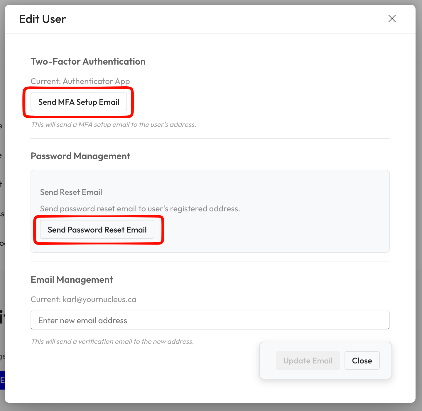 Edit User dialog showing Password Management and Two-Factor Authentication sections