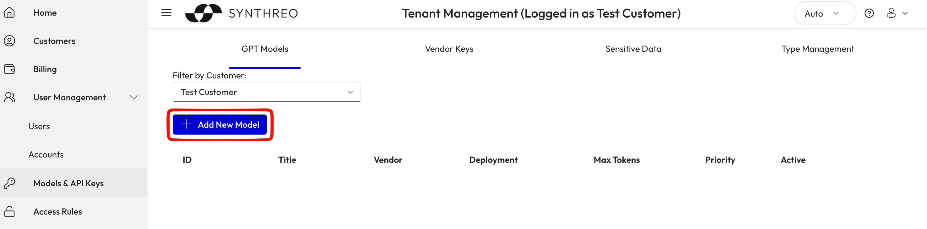 Tenant Management Models and API Keys page listing configured GPT models with filter by customer option