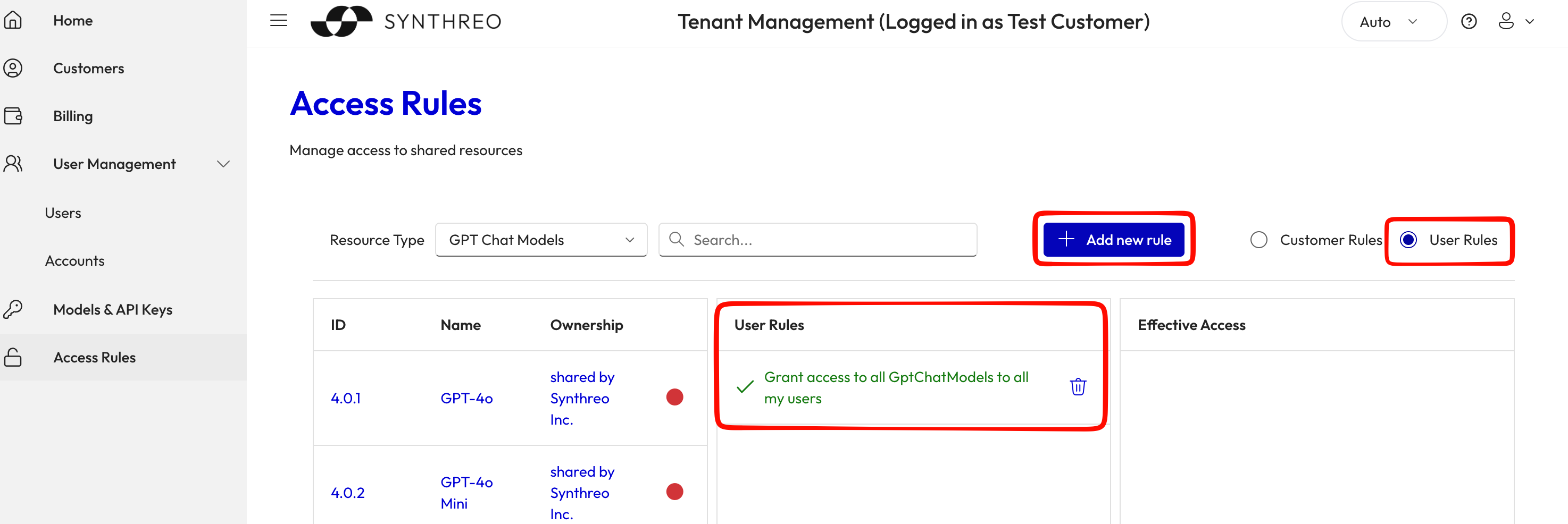 Access Rules page with User Rules radio button selected showing individual user access status