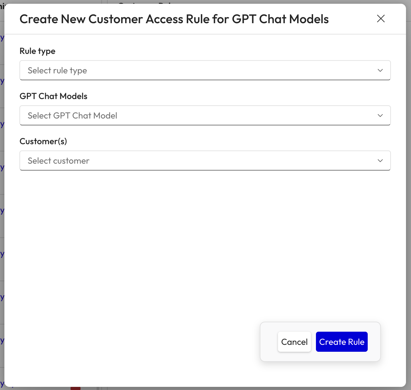 Create customer access rule dialog with rule type, model, and customer selection fields