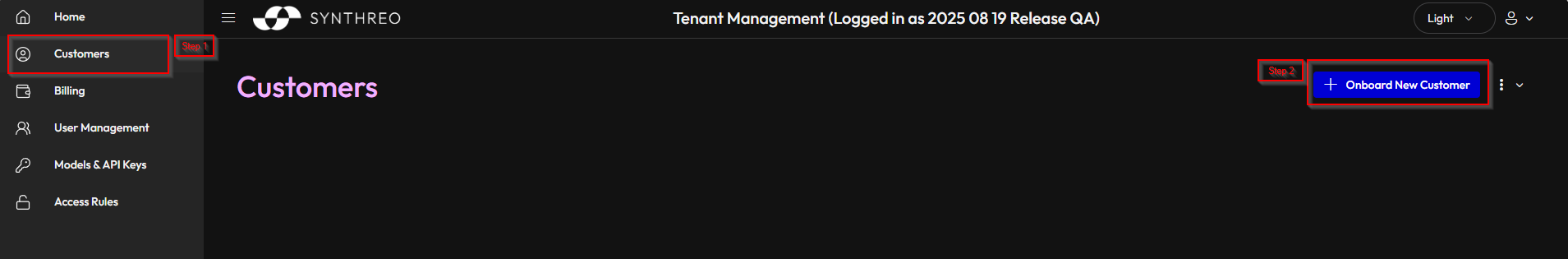 Tenant Management Customers page showing the Onboard New Customer button