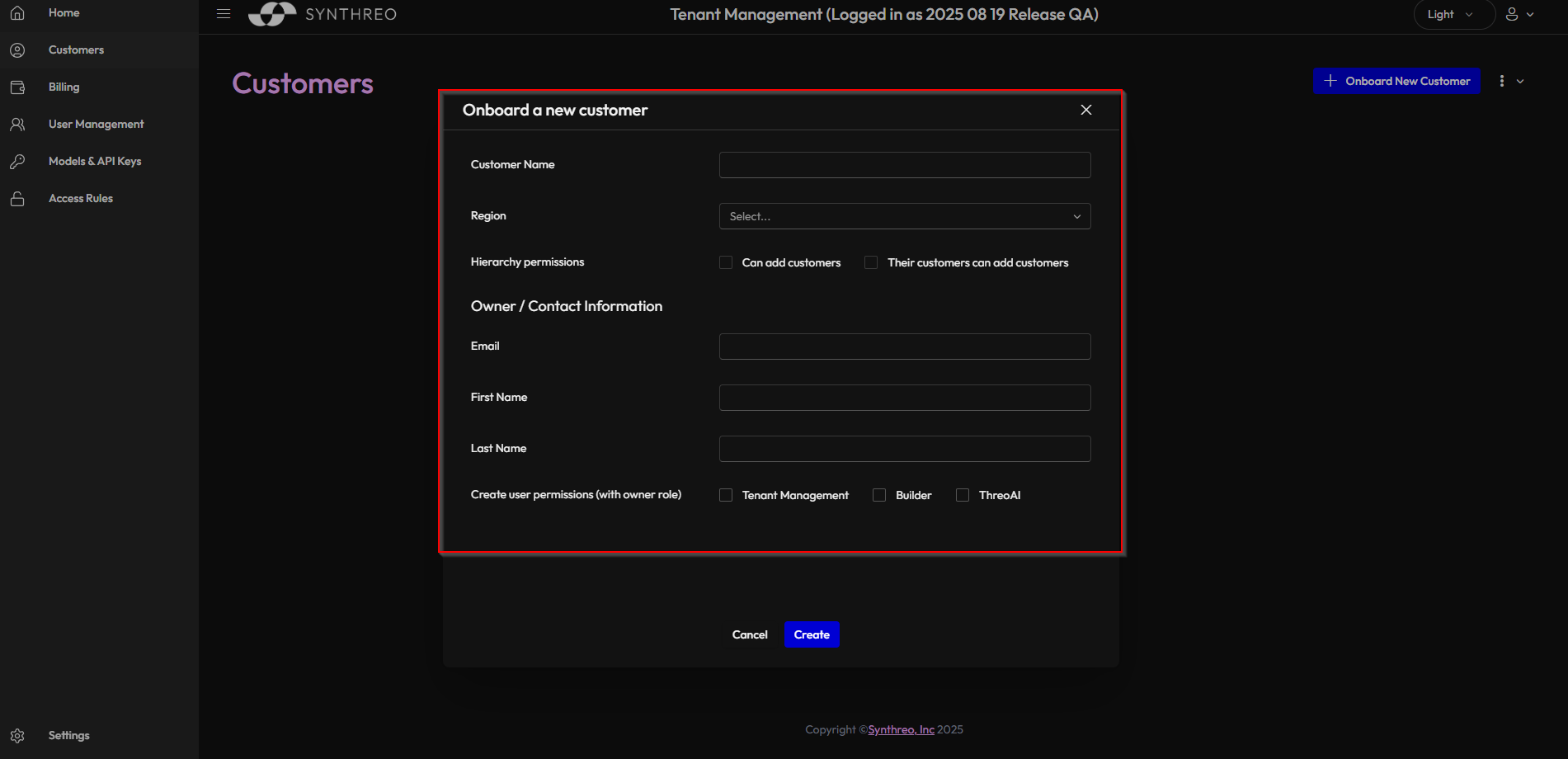 New Customer onboarding form in Synthreo Tenant Management - fields for customer name, region, owner contact, and application permissions