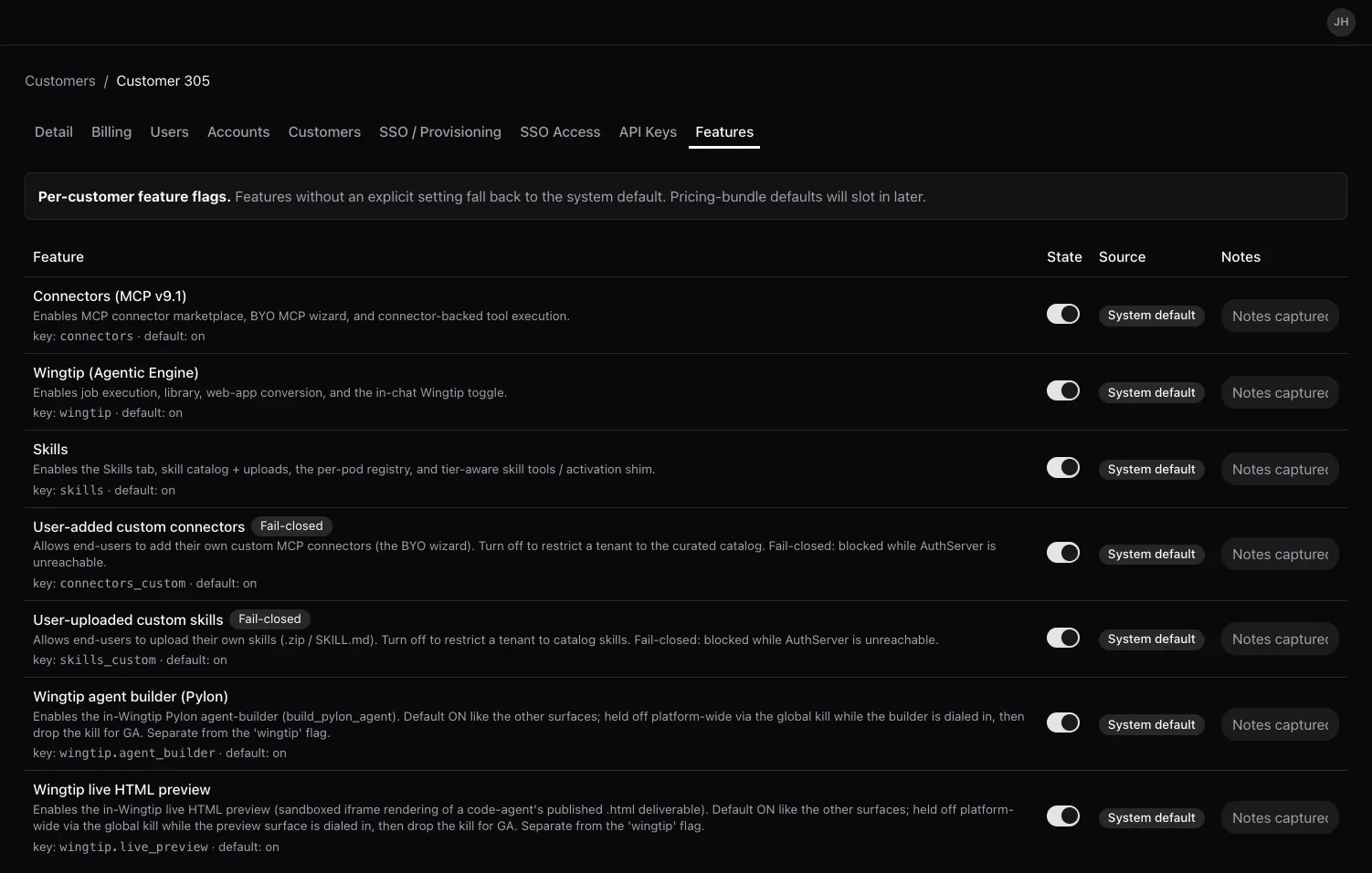 Canopy customer Features tab: a per-customer feature-flag table with Feature, State, Source, and Notes columns