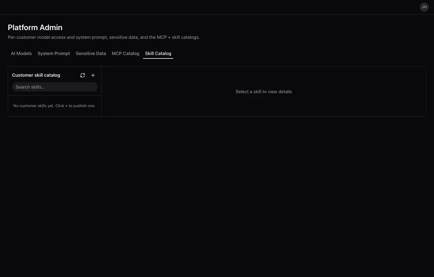 Canopy Platform Admin Skill Catalog tab with the two-pane Global and Customer skills layout