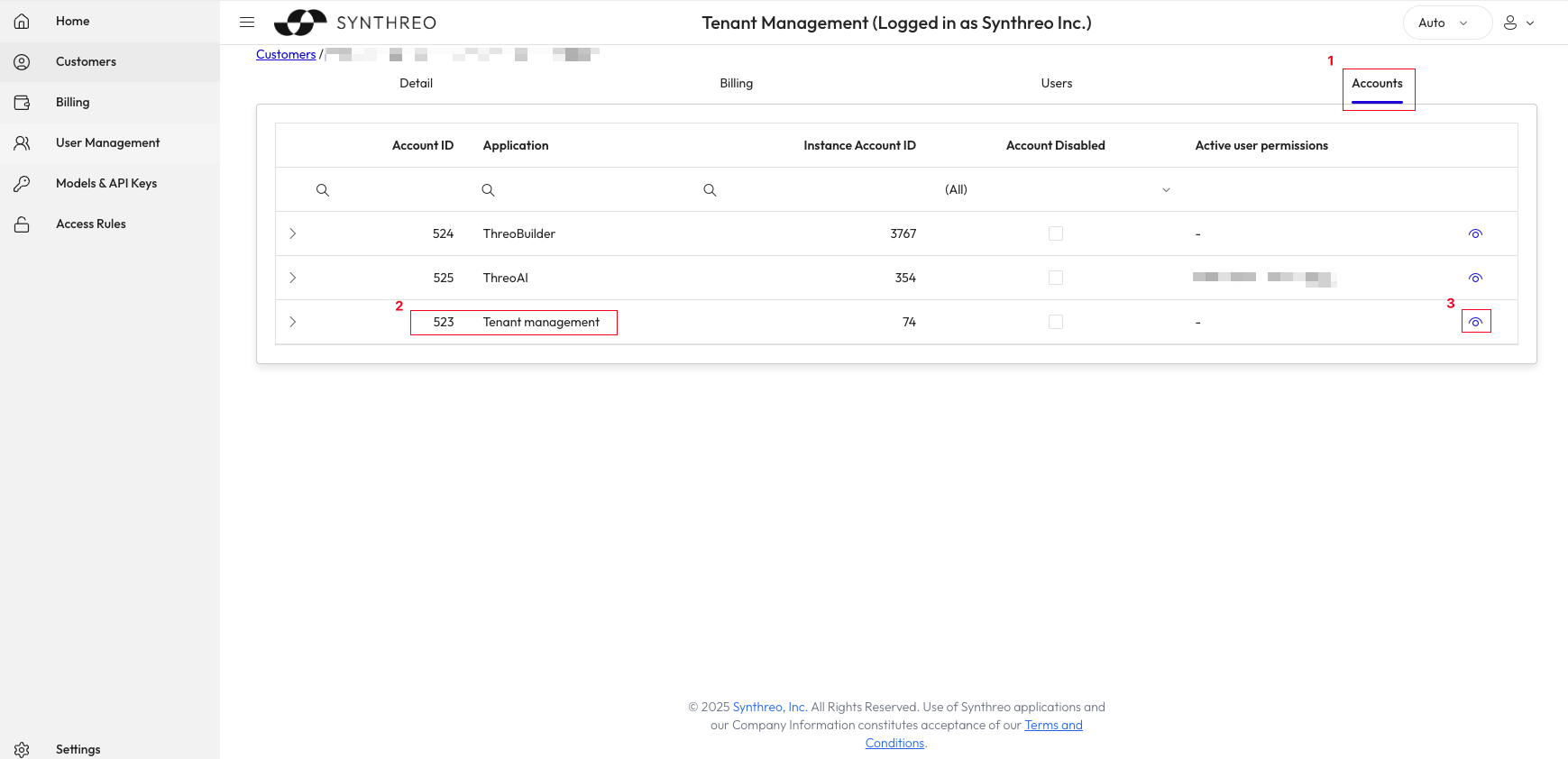 Child customer Accounts tab in Tenant Management showing the eye icon to access user management