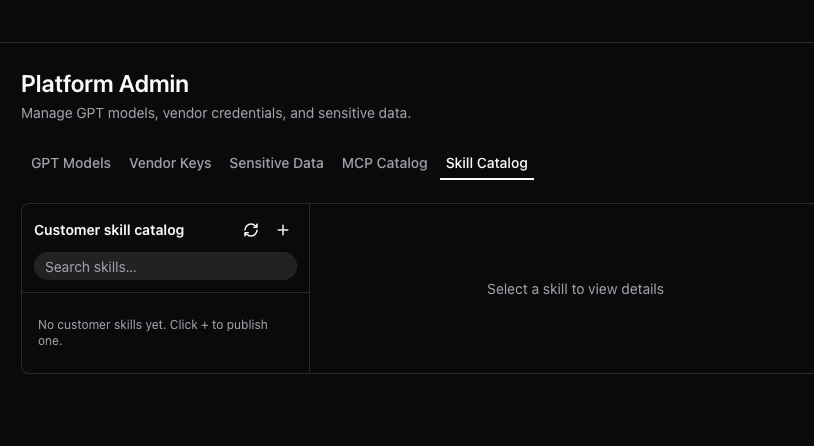 Canopy Platform Admin Skill Catalog tab with published skills