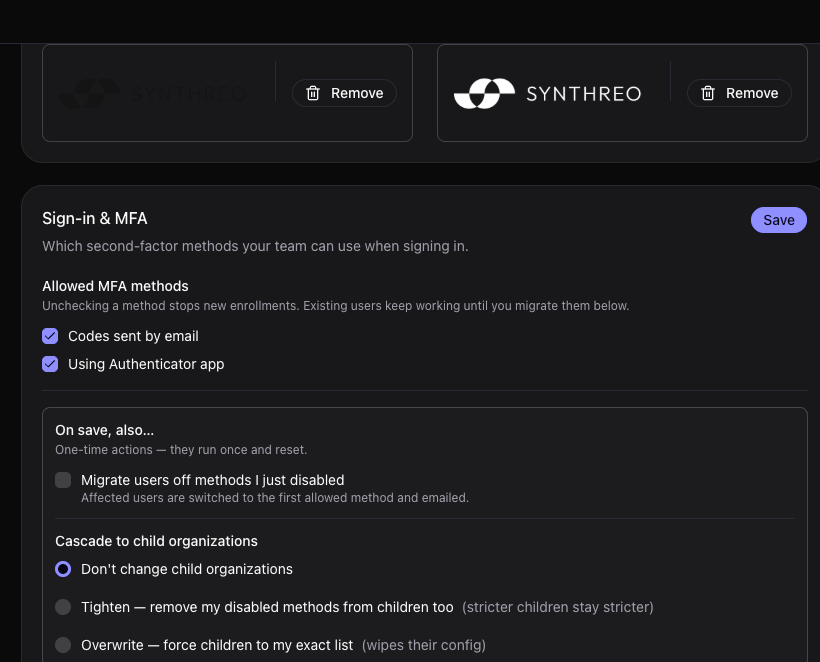 Canopy Settings page with the Organization and Sign-in and MFA cards