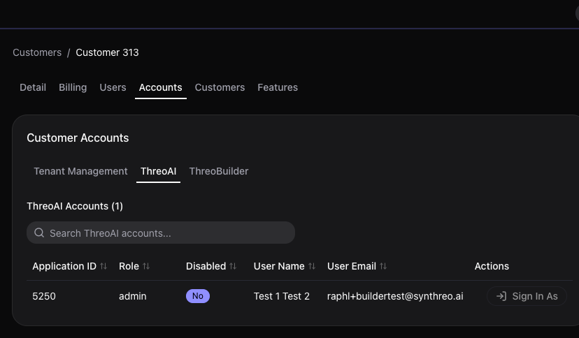 Customer detail Accounts tab in Canopy with the Sign In As control for ThreoAI