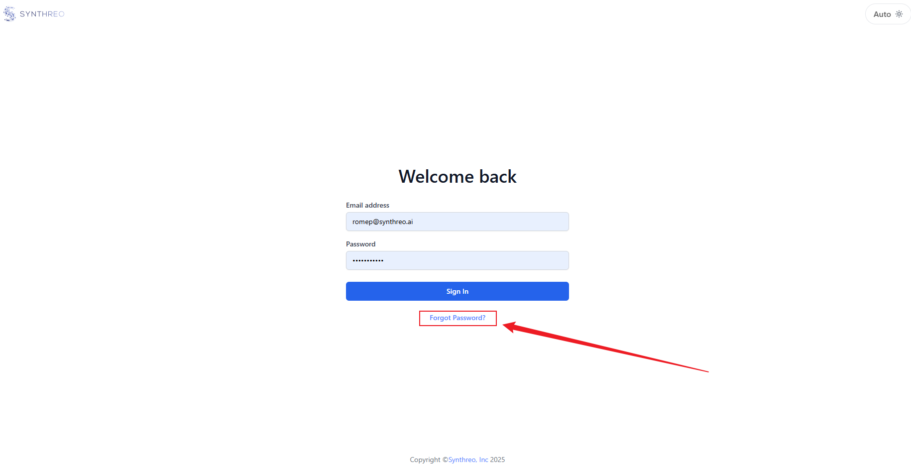ThreoAI login screen with Forgot Password link highlighted