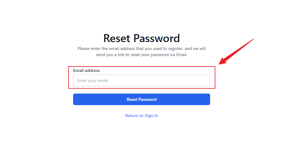 Password reset email entry screen