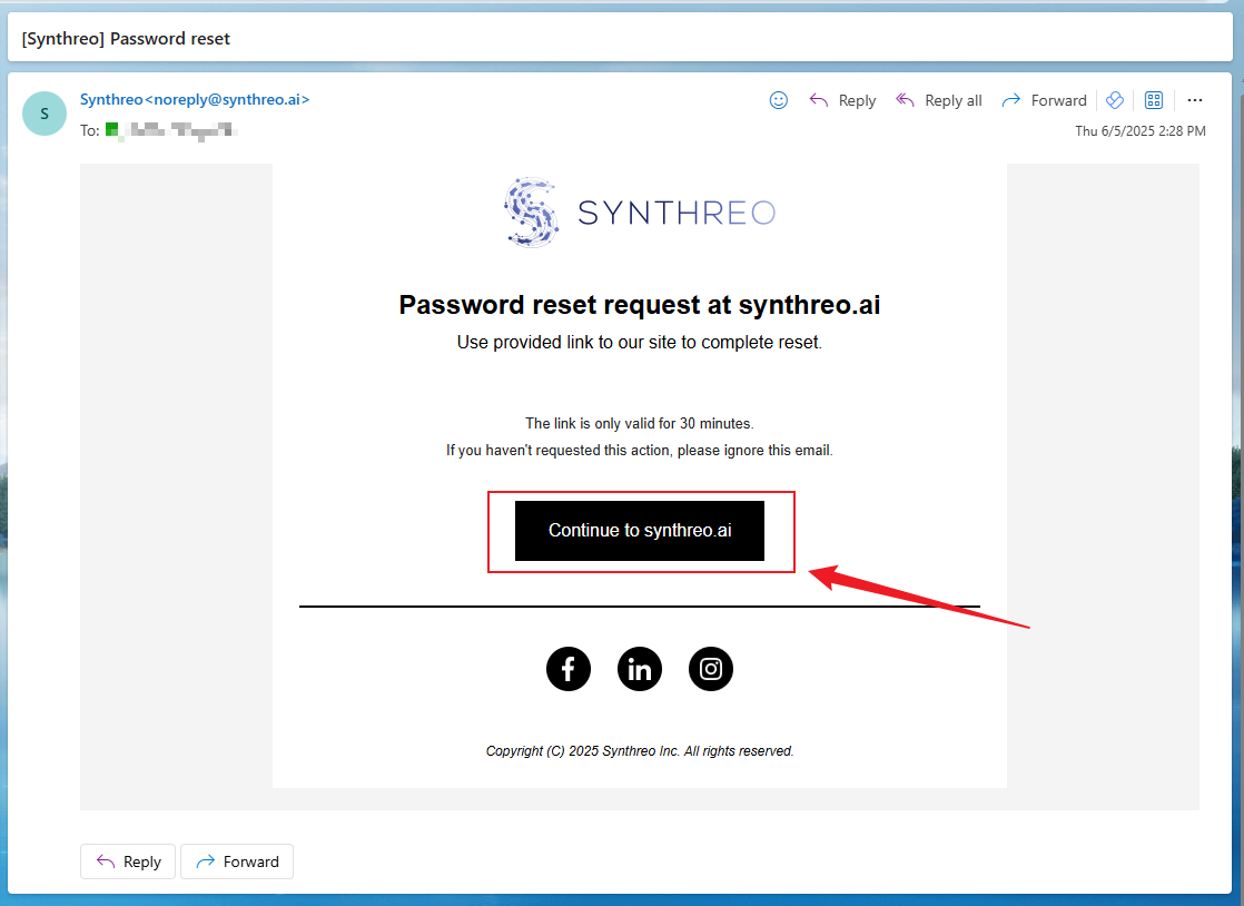 Password reset email showing the Continue button