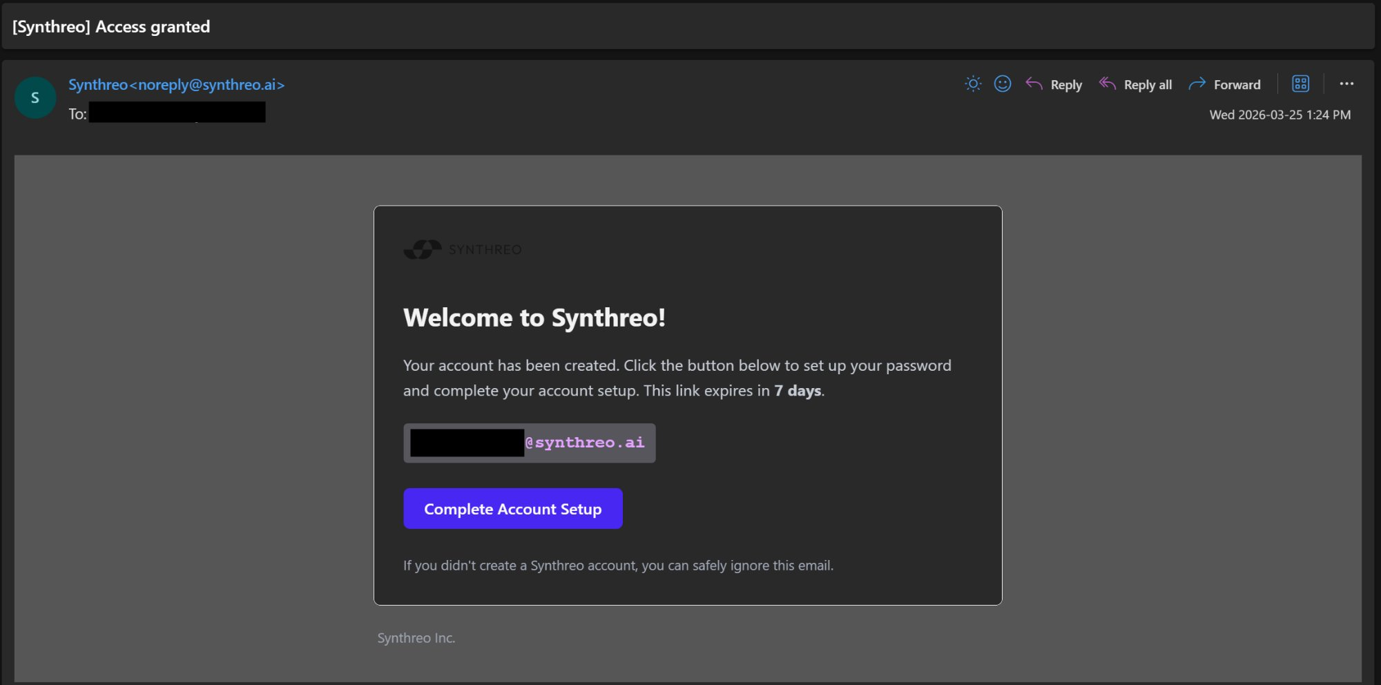 ThreoAI invitation email showing the Complete Account Setup button and account details