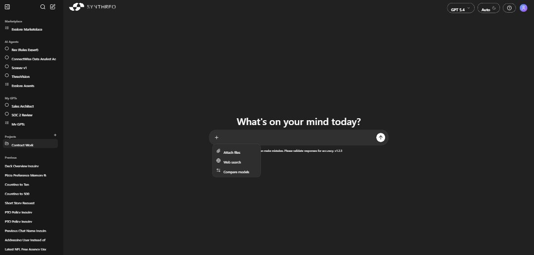 ThreoAI chat input box with the + dropdown menu open