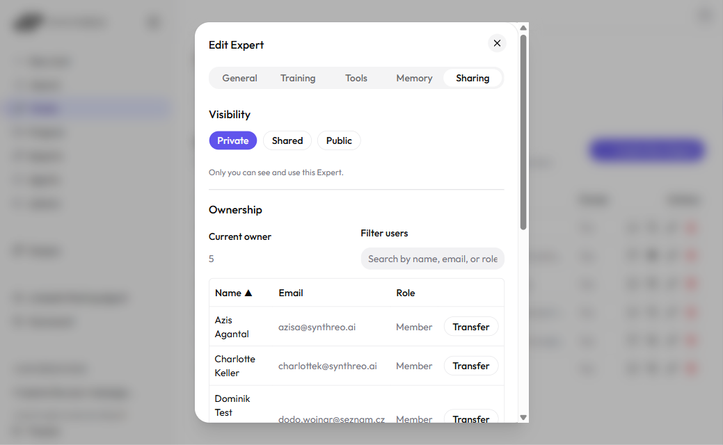 ThreoAI Expert editor Sharing tab showing the visibility options with one selected