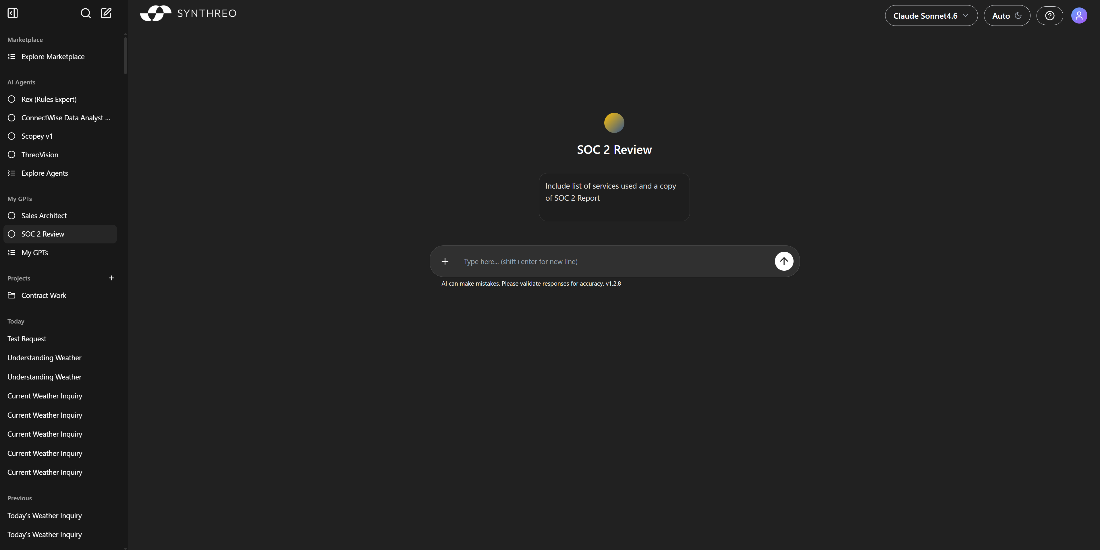 ThreoAI Sales Architect GPT view showing the GPT name, description, and chat input