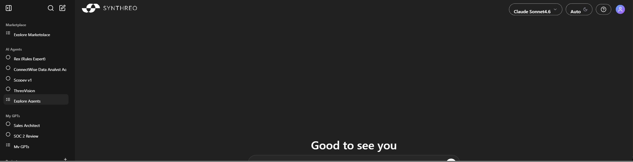 ThreoAI home screen showing the chat input bar and sidebar with AI Agents, My GPTs, and chat history