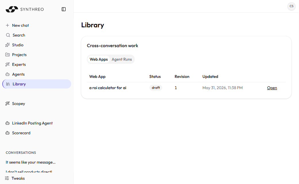 ThreoAI Library page with the Web apps and Jobs tabs open from the left navigation