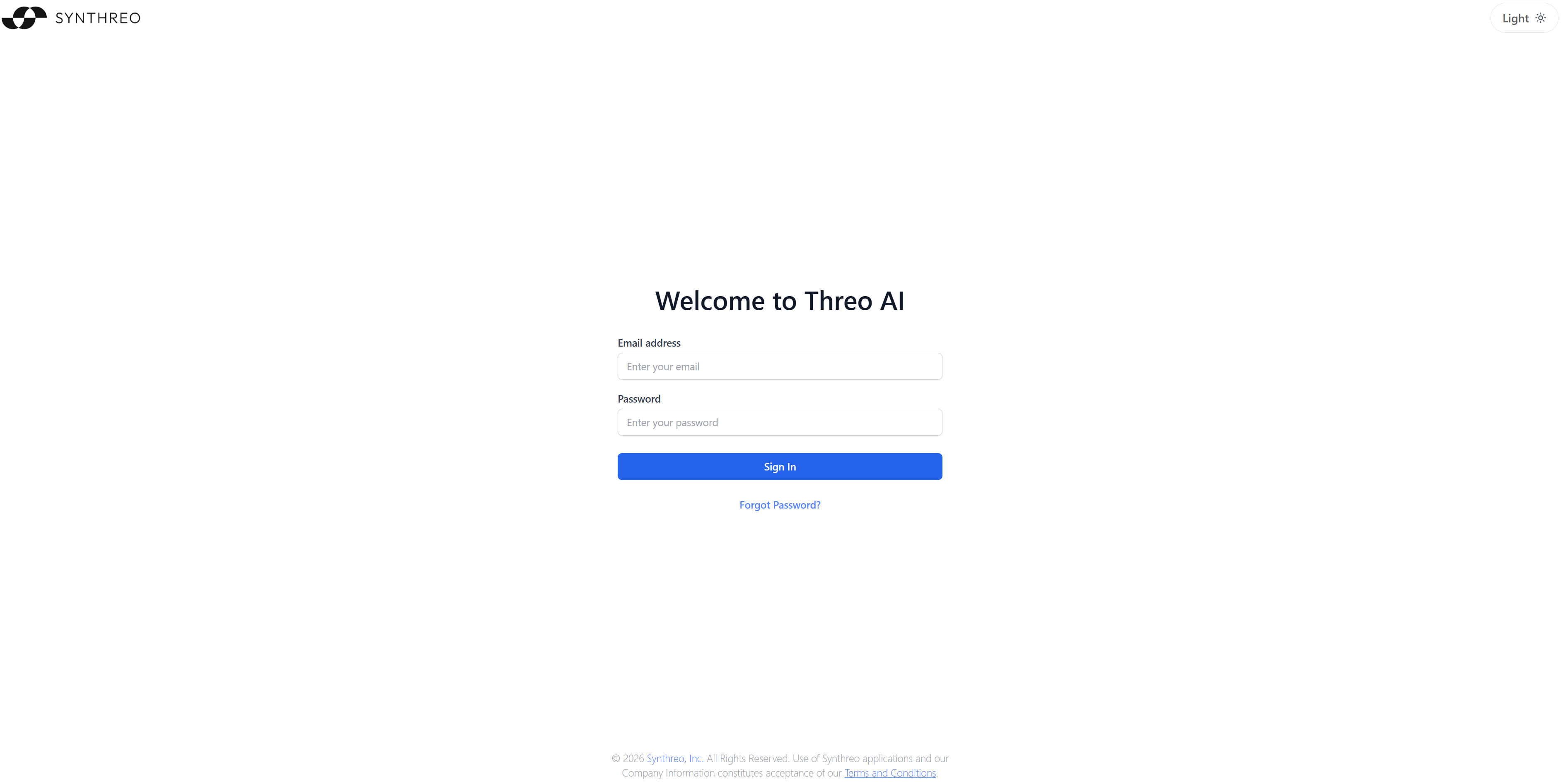 ThreoAI login screen showing the Welcome to Threo AI heading with email, password, and Sign In button