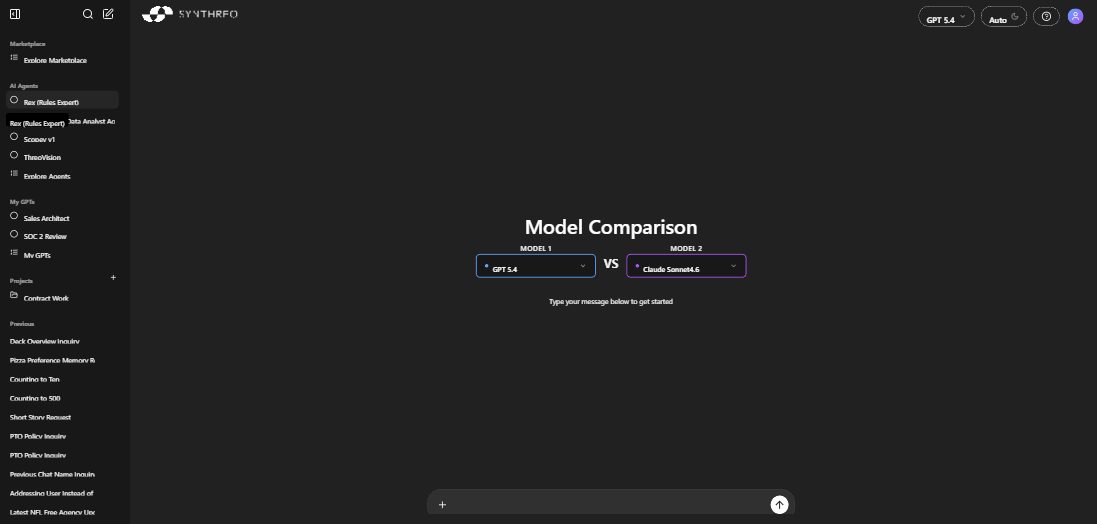 ThreoAI Model Comparison page showing MODEL 1 (GPT 5.4) vs MODEL 2 (Claude Sonnet 4.6)
