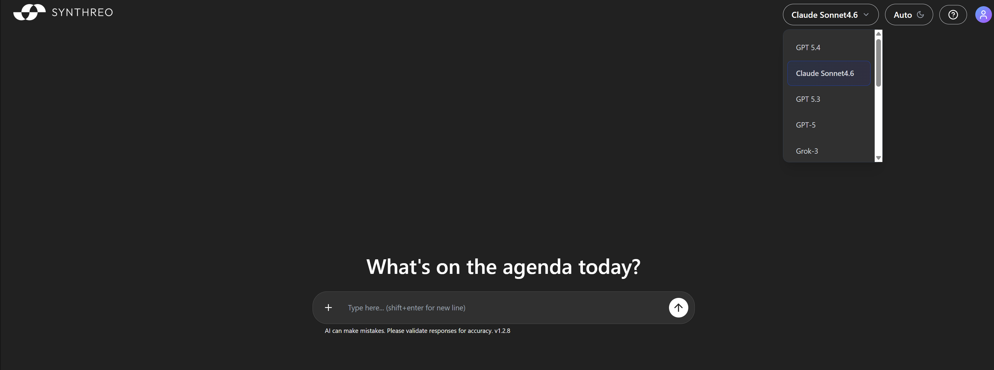 ThreoAI model selector dropdown showing available models including GPT 5.4, Claude Sonnet4.6, GPT 5.3, GPT-5, and Grok-3