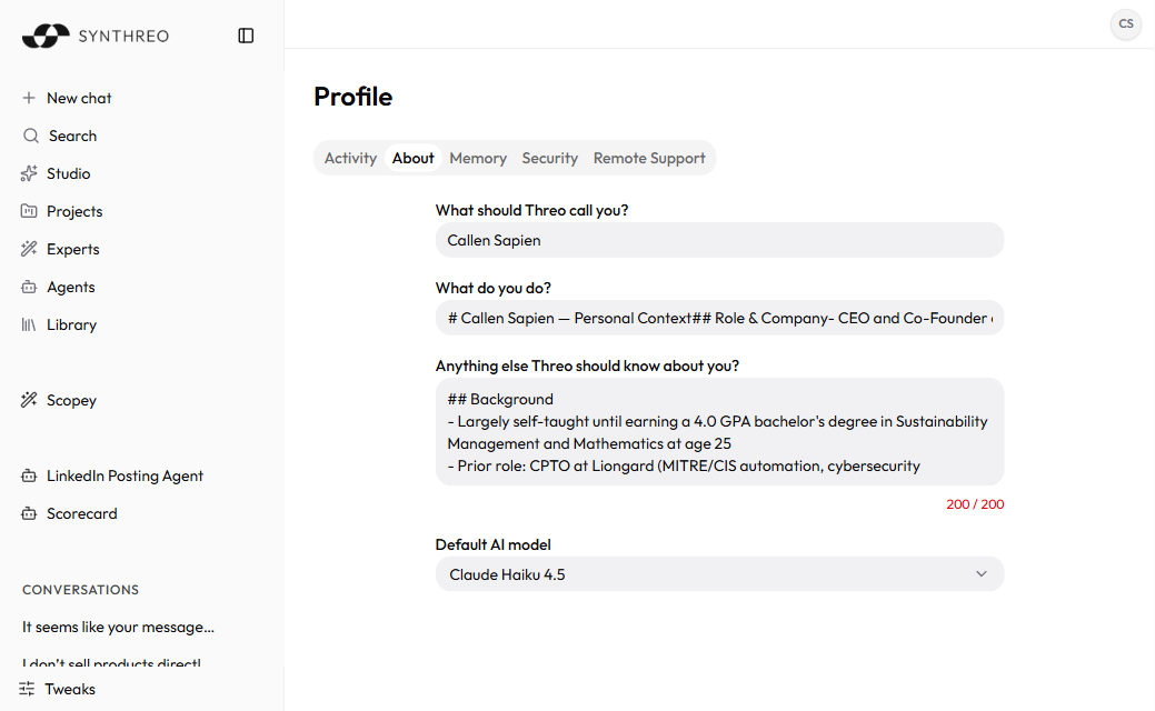 ThreoAI Profile About tab with the three personal-context fields, a character counter, and the Default AI model dropdown