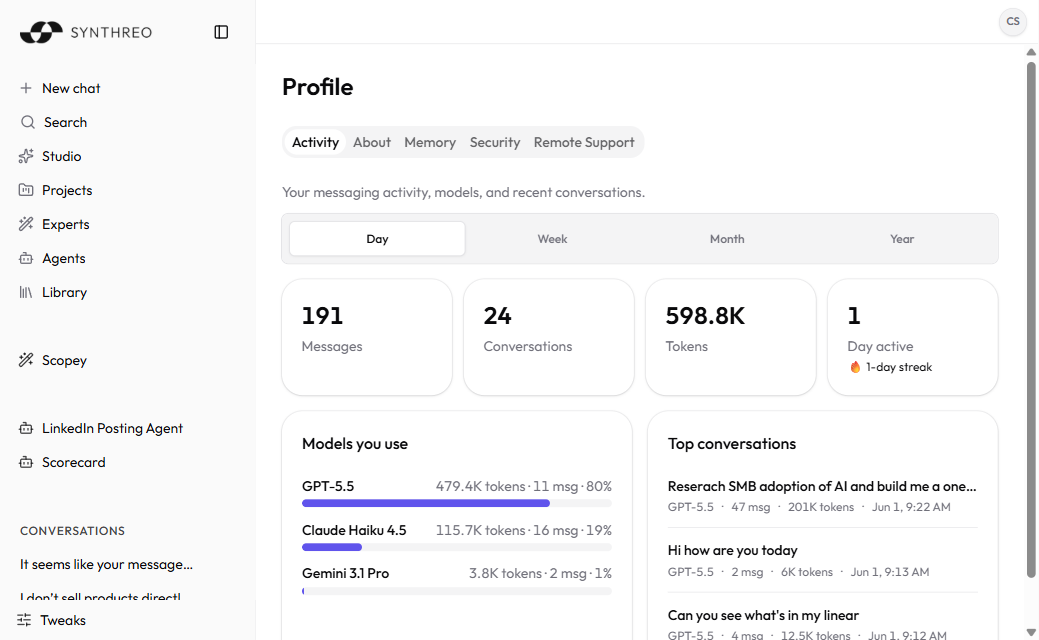ThreoAI Profile Activity tab with the date range toggle, four stat cards, and Models you use and Top conversations lists