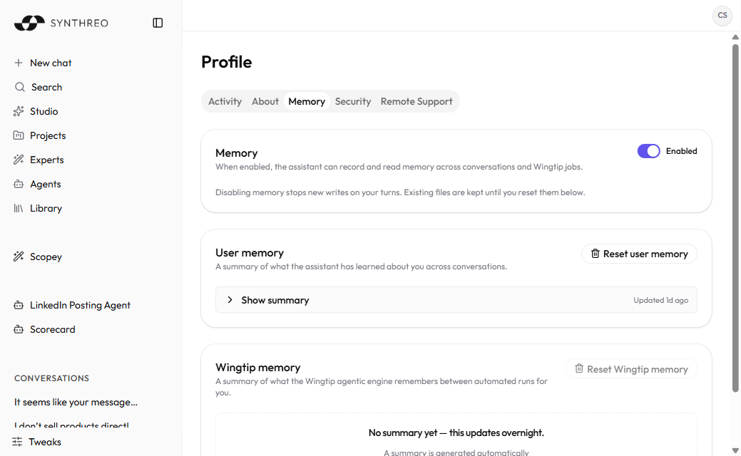 ThreoAI Profile Memory tab with the Memory enabled switch and the User memory and Wingtip memory stores