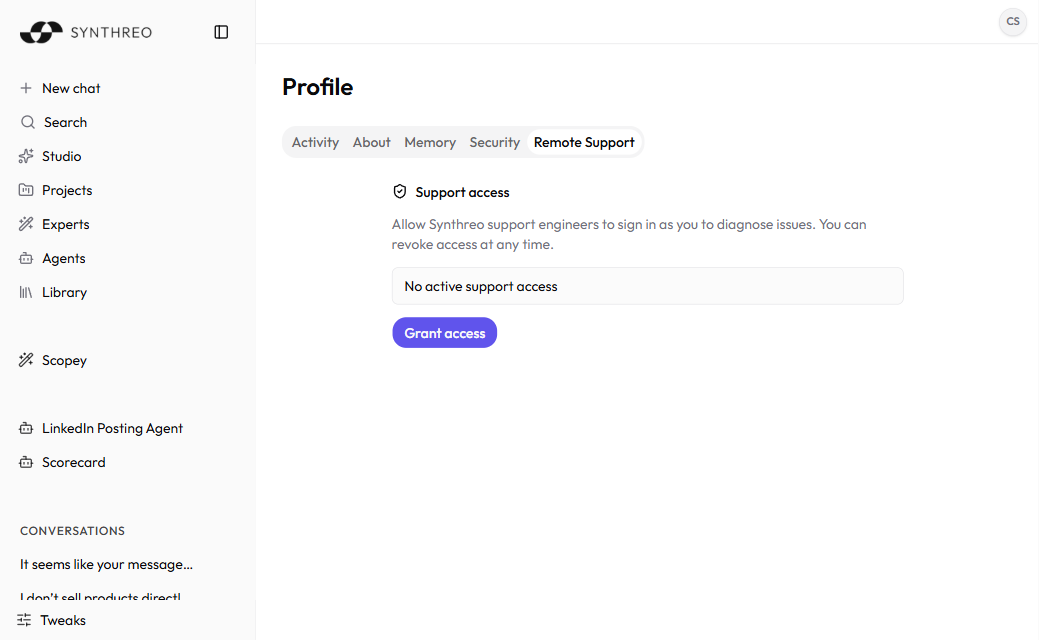 ThreoAI Profile Remote Support tab showing No active support access and the Grant access button