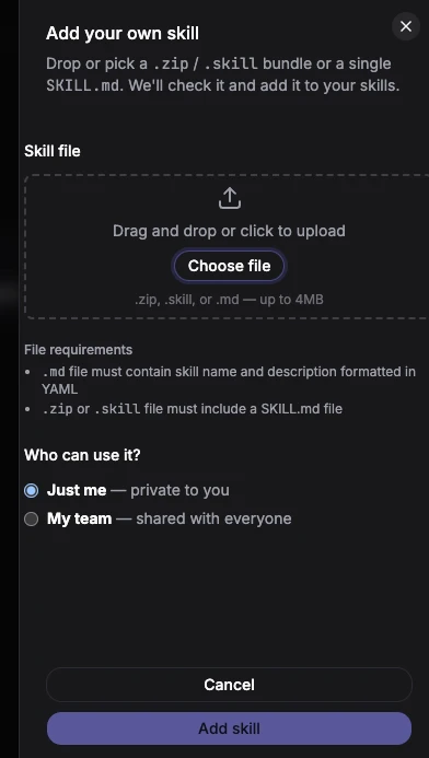 ThreoAI Add your own skill panel with the file drop zone and the Just me and My team options