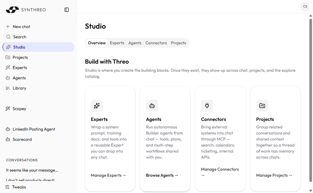 ThreoAI Studio Overview tab showing the Experts, Agents, Connectors, and Projects cards