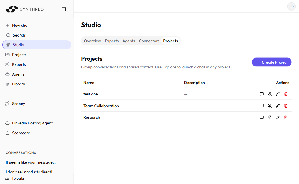 ThreoAI Studio Projects tab with the option to create a new Project