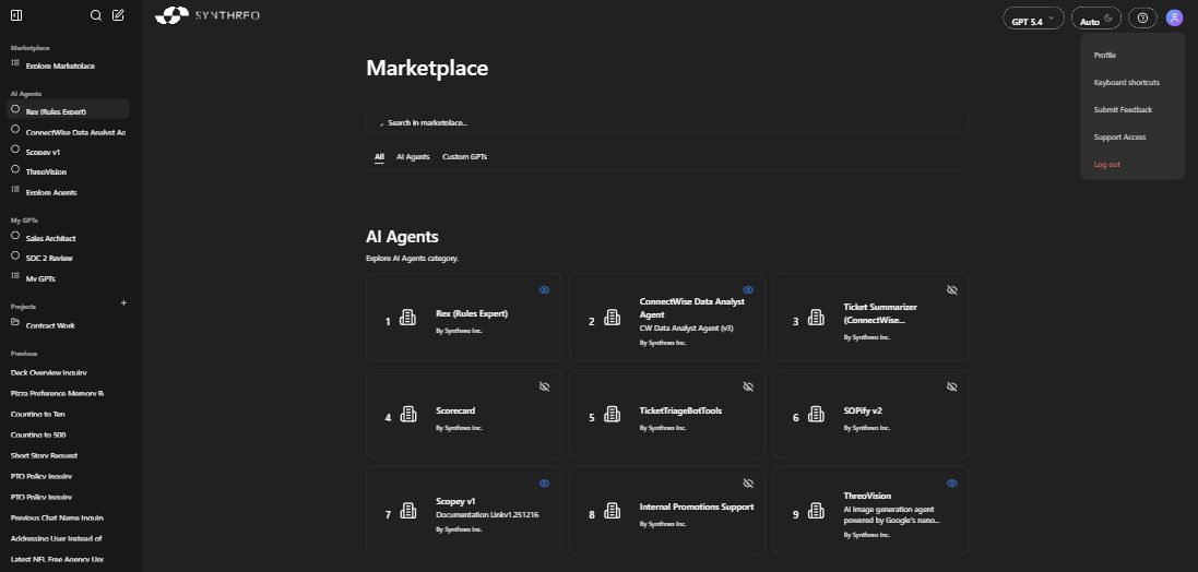 ThreoAI top-right controls showing model selector, theme, help, and profile