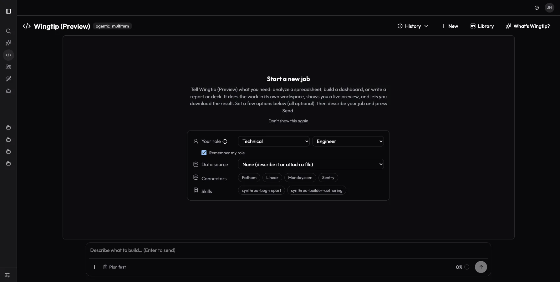 The Wingtip Start a new job options panel showing Your role, Data source, Connectors, and Skills