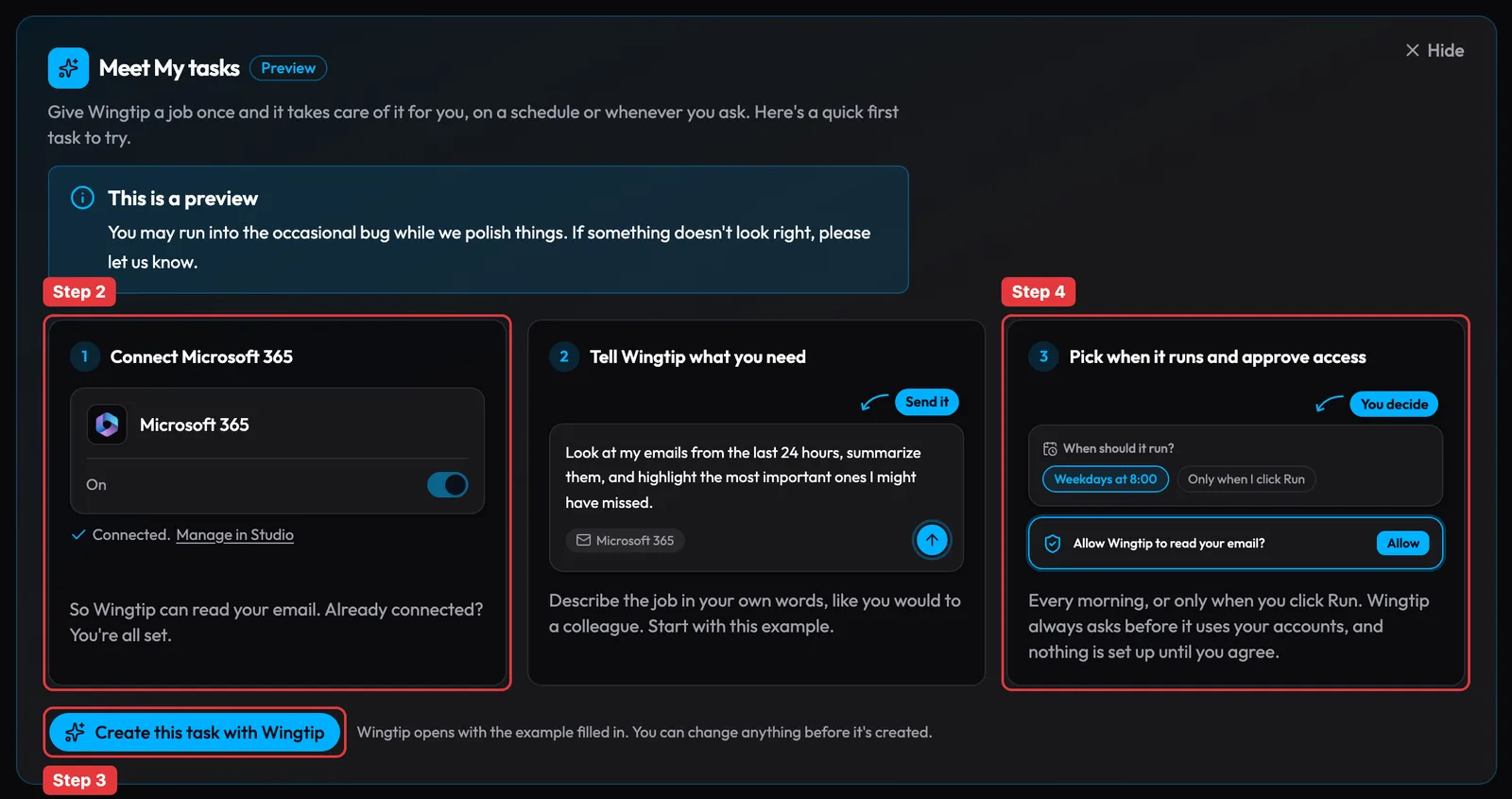 Meet My tasks guide in Wingtip with the Microsoft 365 card, the start button, and the schedule card highlighted