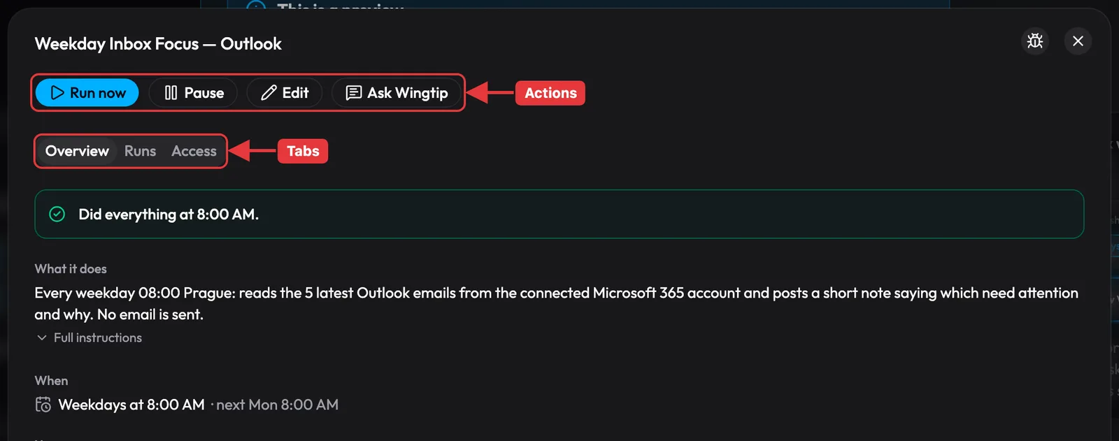 A task opened in Wingtip My Tasks with its action buttons and its Overview, Runs, and Access tabs highlighted